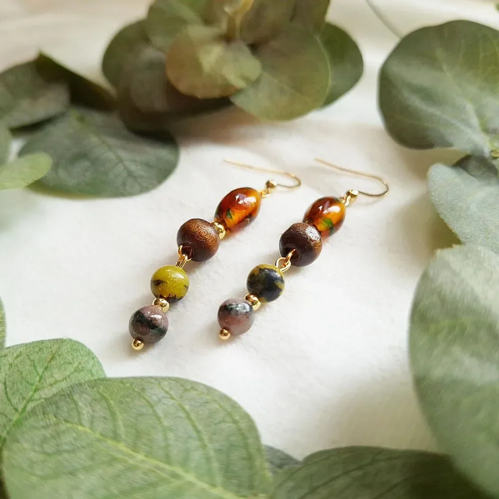 Green Serpentine, Lampwork Glass, & Wood Beaded Dangle Earrings